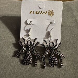 It Girl Silver Tone Rhinestone Spider Earrings